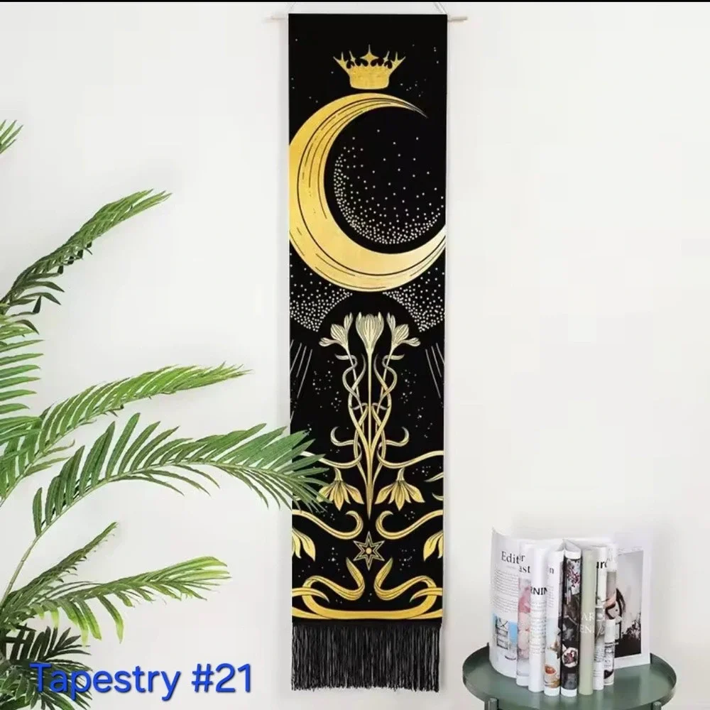 Moon Crown Tapestry Wall Hanging Black Gold‎ Celestial Art Decor